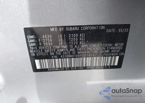 2023 Subaru Legacy Premium из США, поврежденный, VIN 4S3BWAF66P3014597